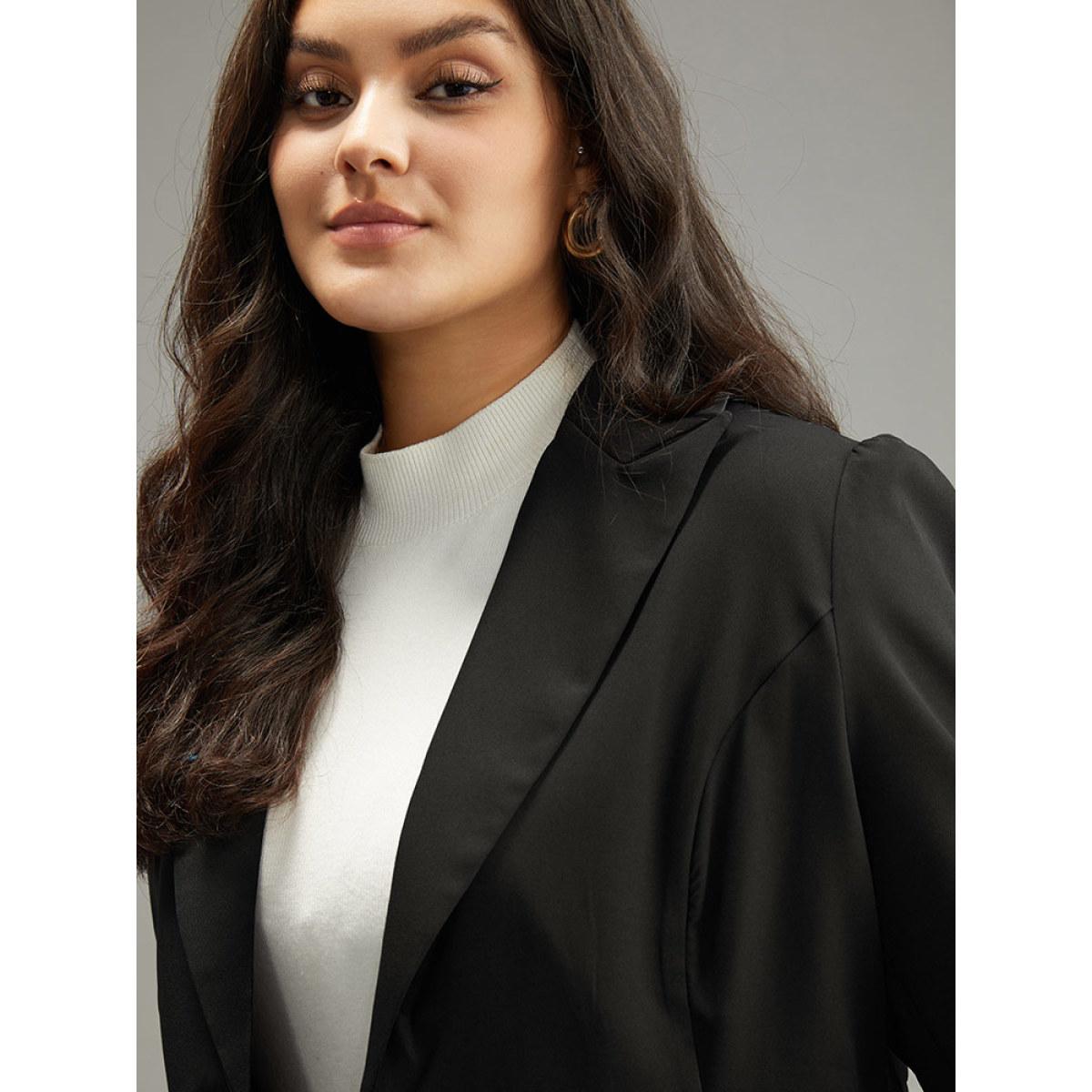 Plus Size Plain Button Up Ruffles Blazer Black Women Work Plain Plain Sleeve Long Sleeve Suit Collar 10/M Office Blazers BloomChic Product Image