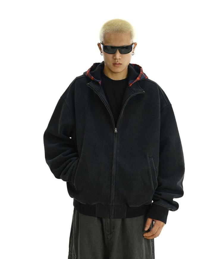 RT No. 11617 BLACK PLAID HOOD ZIP-UP HOODIE Product Image