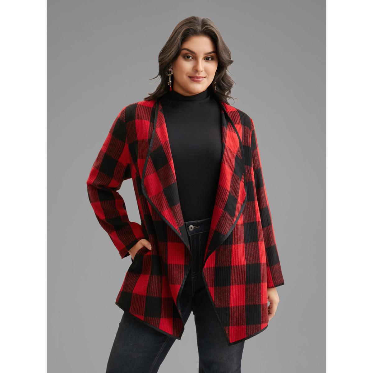 Plus Size Festive Plaid Curved Hem Cardigan Women Brightred Contrast Loose Side seam pocket Everyday Jackets BloomChic 14-16/1X Product Image
