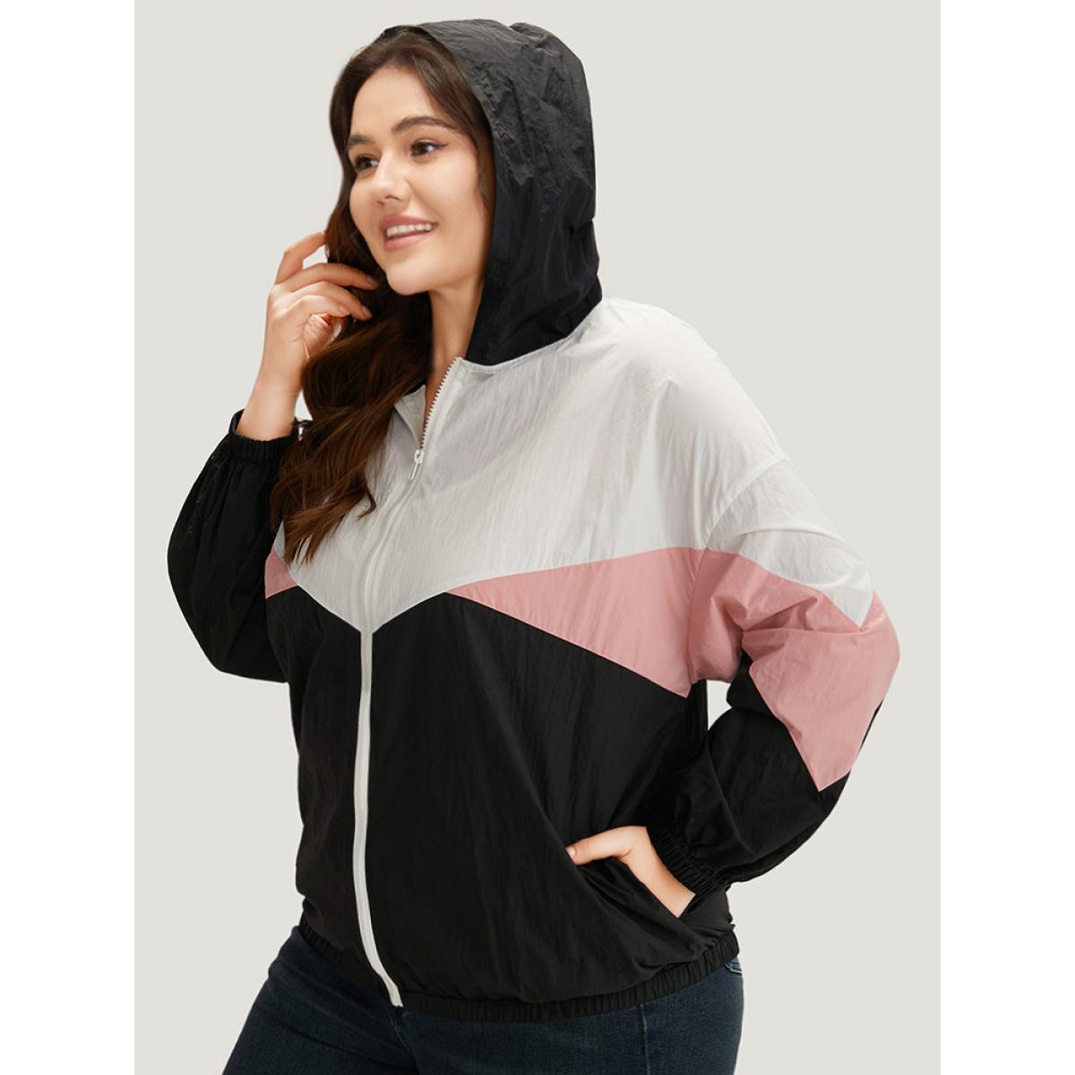 Plus Size Colorblock Contrast Zipper Pocket Hooded Jacket Women Black Elastic cuffs Pocket Dailywear Jackets BloomChic 22-24/3X Product Image