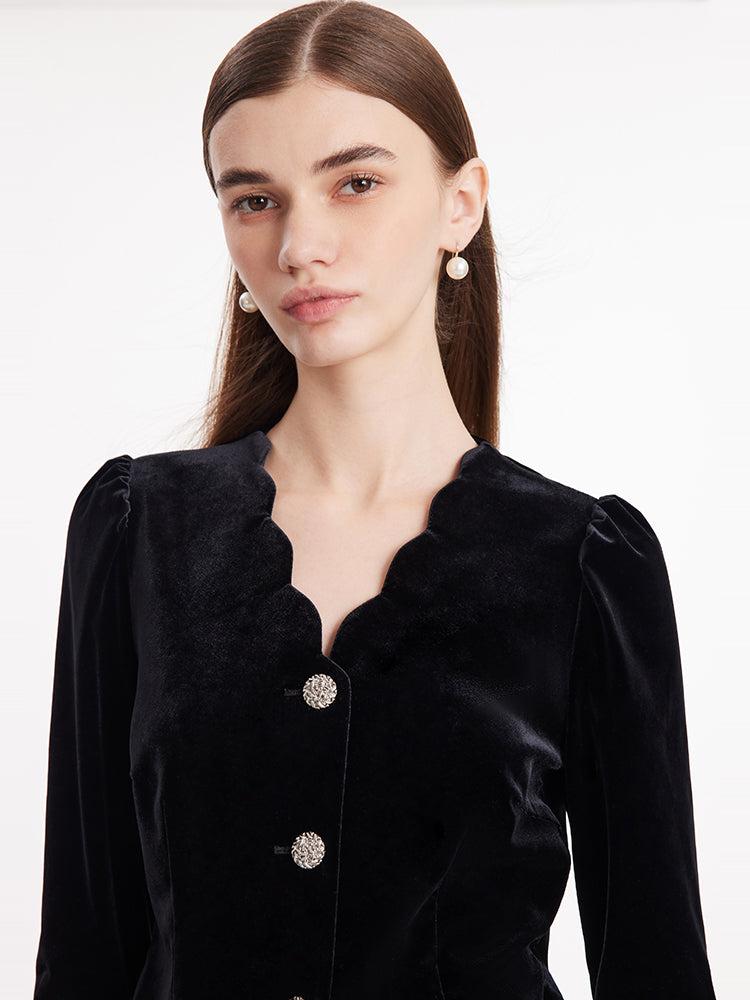 Wave Cut V-Neck Velvet Top And Tulle Skirt Two-Piece Set Product Image