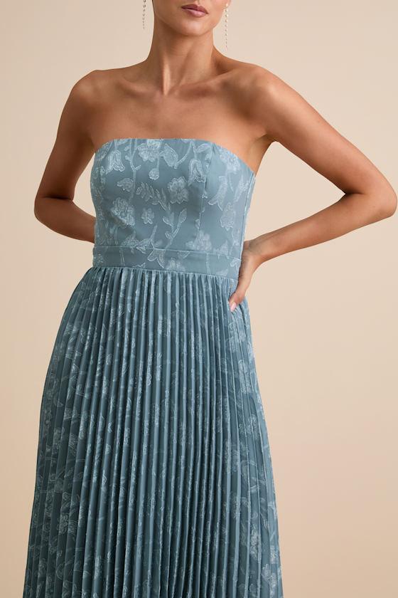 Perfectly Stunning Slate Blue Jacquard Strapless Midi Dress Product Image