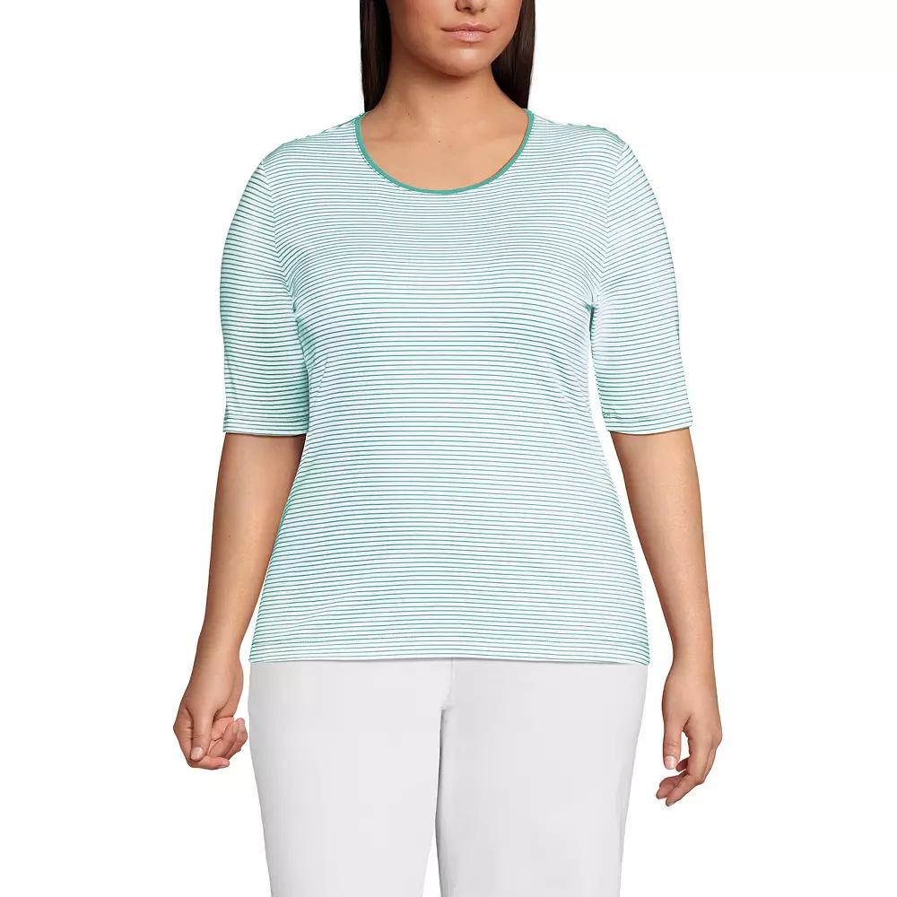 Plus Size Lands' End Elbow Sleeve Jersey Crewneck Top, Women's, Size: 1XL, White Green Stripe Product Image