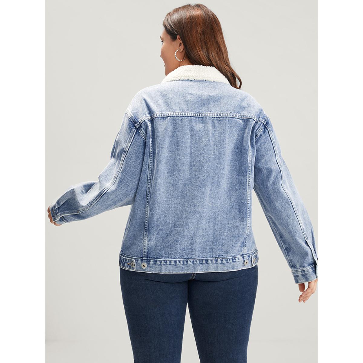 Women Solid Pocket Button Front Medium Wash Denim Jacket Aegean Plus Size Plain Dailywear Pocket Casual Denim Jackets BloomChic 18-20/2X Product Image