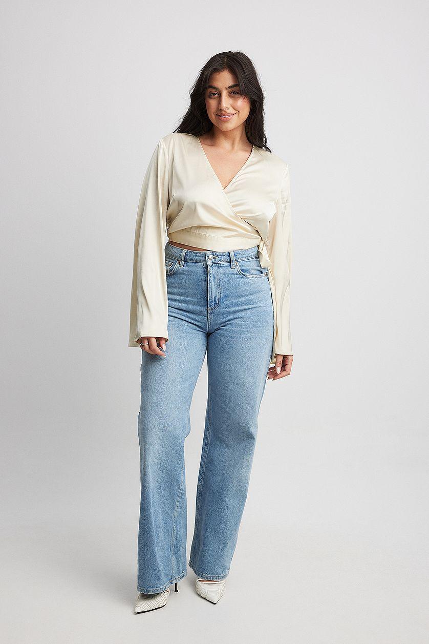 Trumpet Sleeve Wrap Front Satin Blouse Product Image