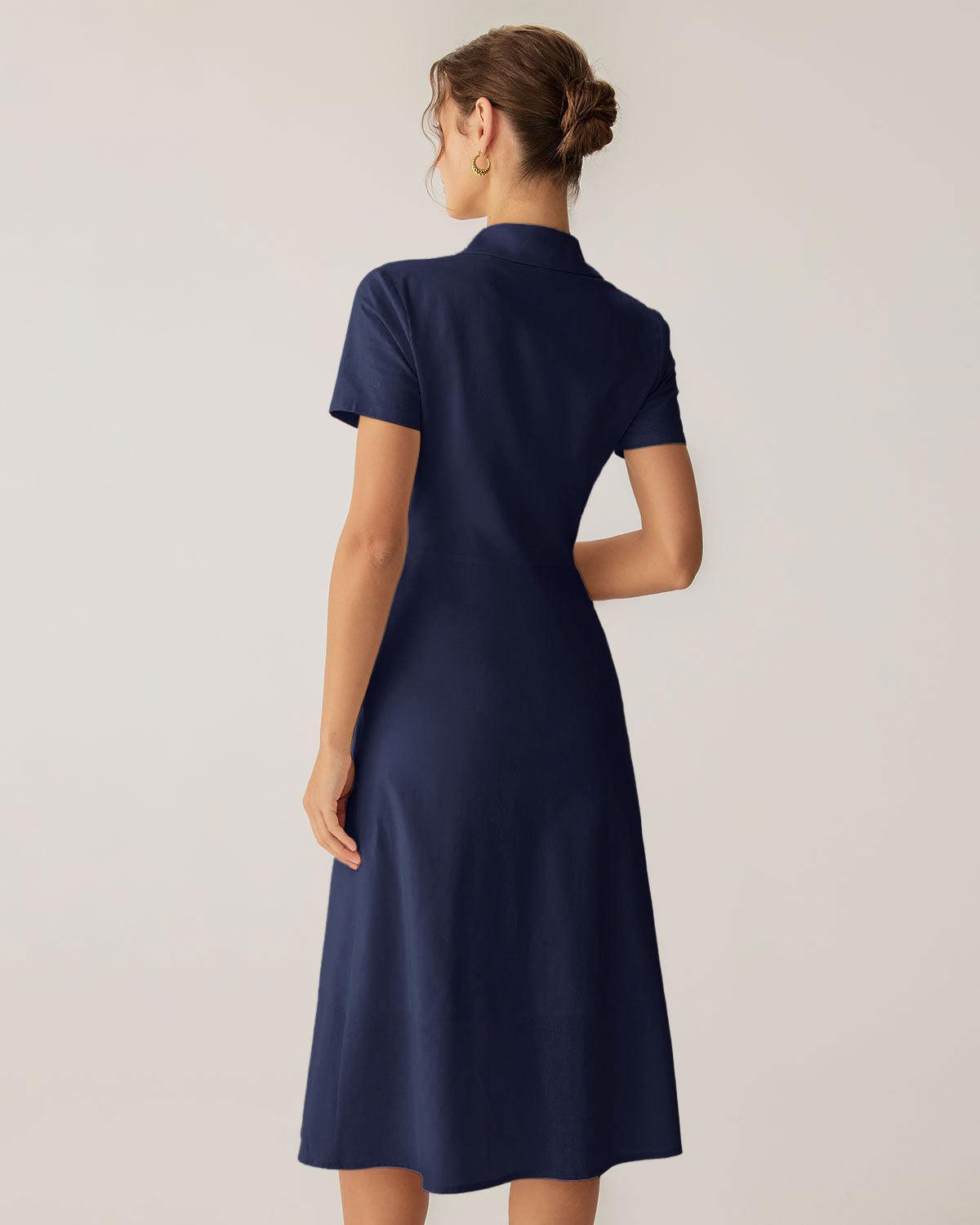 Navy Pocket Short Sleeve Midi Dress Product Image