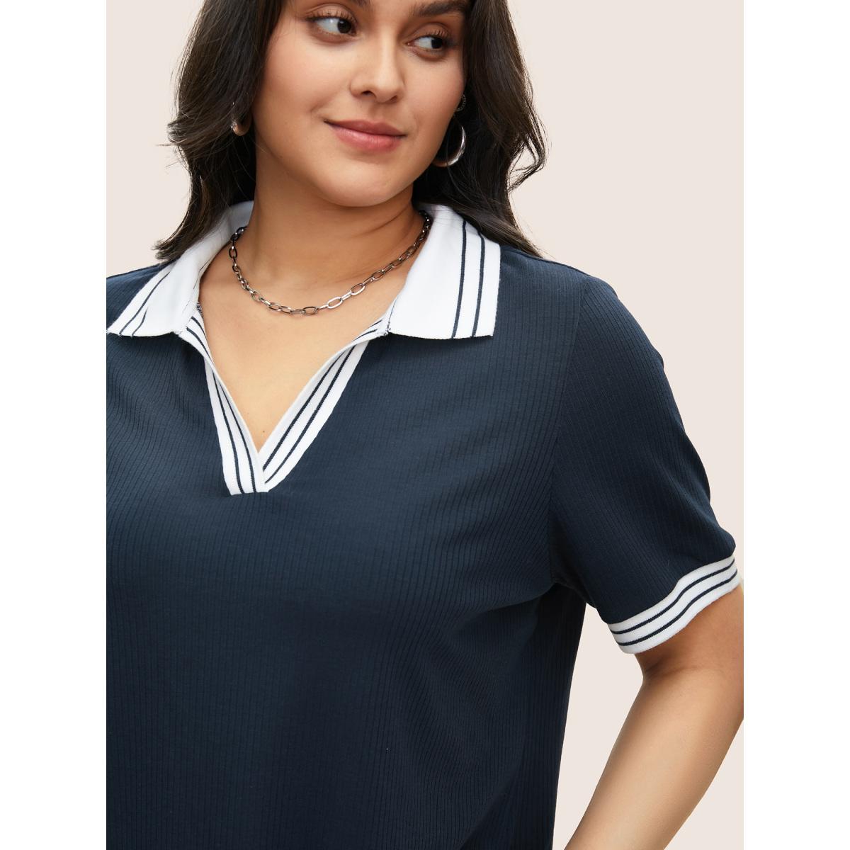 Plus Size Striped Patchwork Polo Neck Rib Knit T-shirt Indigo Women Casual Contrast Plain Polo Everyday T-shirts BloomChic 12/L Product Image