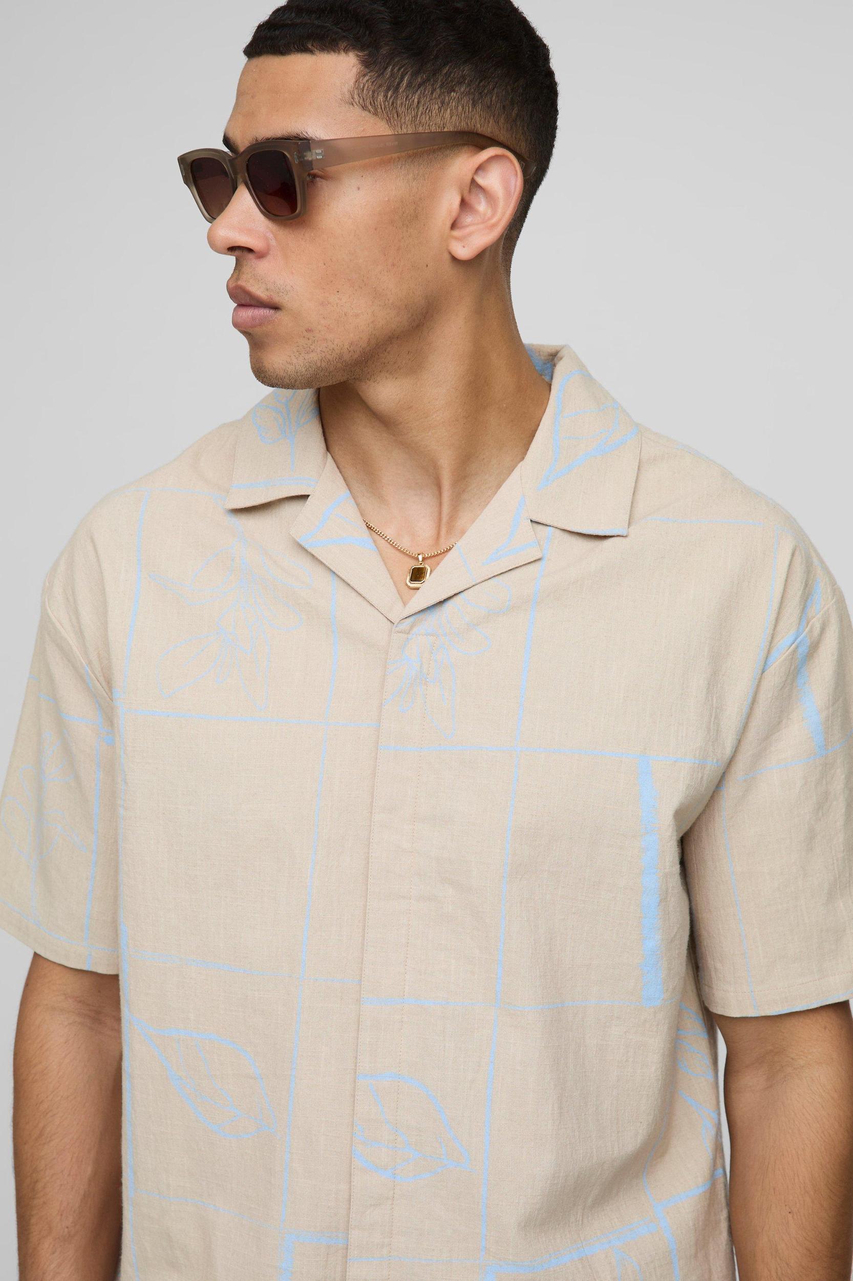 Oversized Linen Look Printed Short Sleeve Shirt | boohooMAN USA Product Image