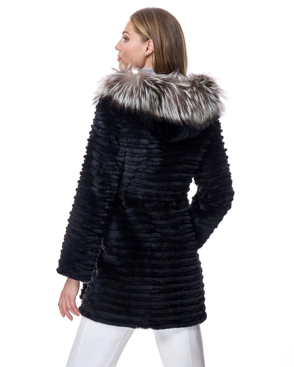 RABBIT REVERSIBLE COAT WITH FOX TRIMMED HOOD Product Image