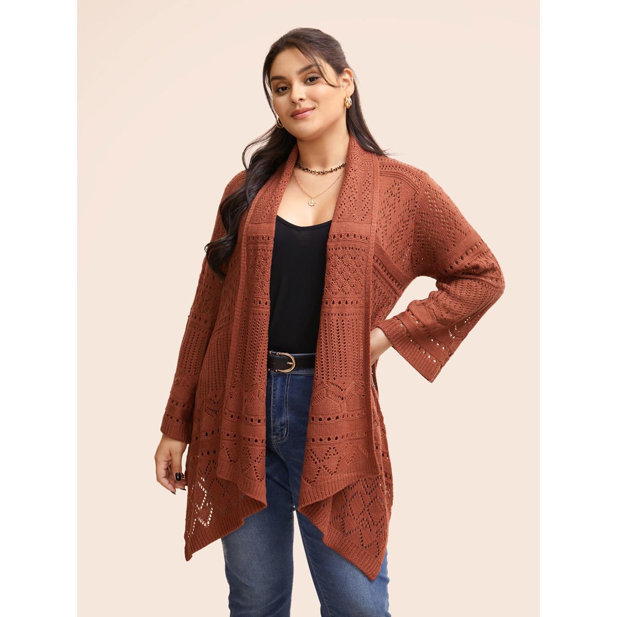 Plus Size Texture Cut Out Bell Sleeve Cardigan Rust Women Resort Loose Long Sleeve Vacation Cardigans BloomChic 12/L Product Image