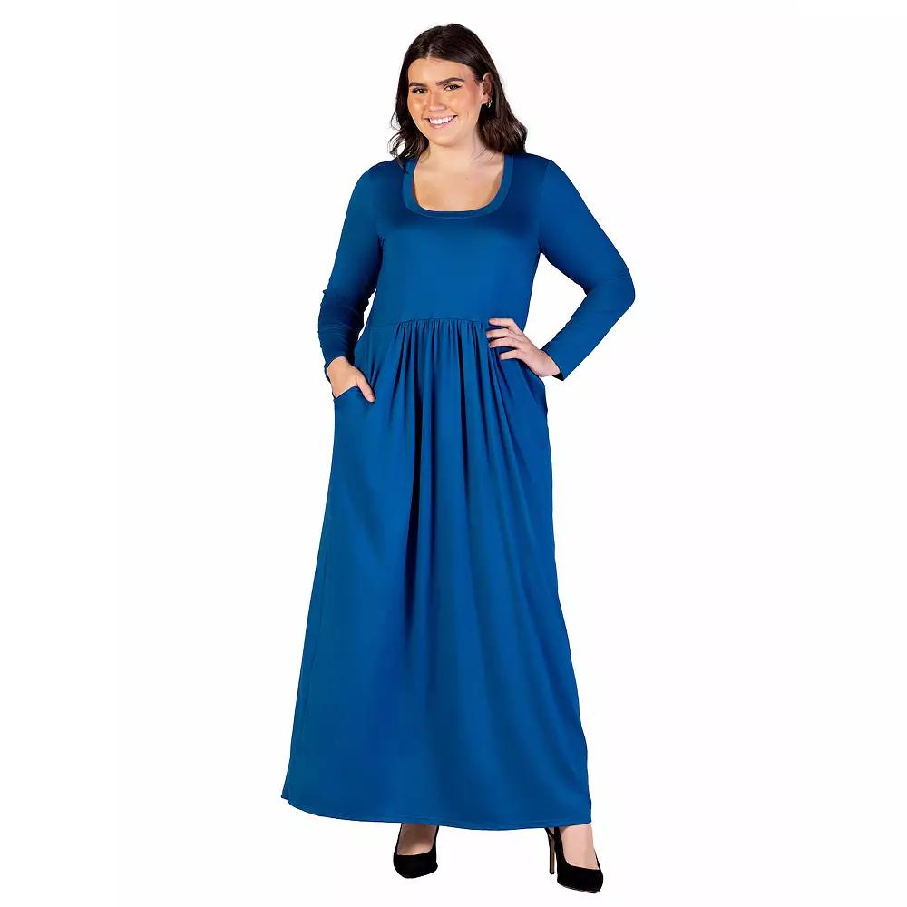 Plus Size 24Seven Comfort Apparel Long Sleeve Empire Waist Pocket Maxi Dress, Women's, Size: 3XL, Blue Product Image