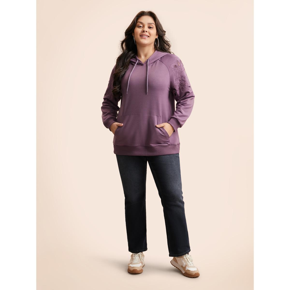 Plus Size Floral Embroidered Cut Out Hooded Sweatshirt Women Mauve Casual Cut-Out Hooded Everyday Sweatshirts BloomChic 10/M Product Image