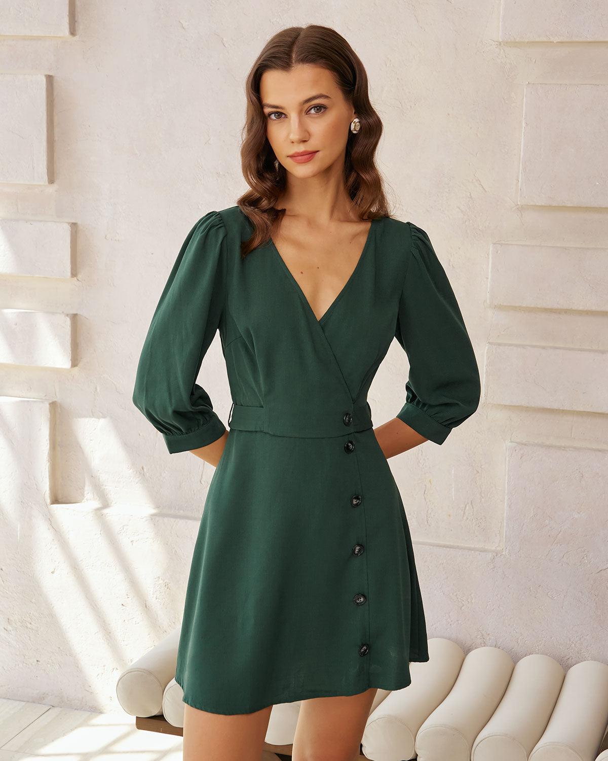 Green Wrap A-Line Mini Dress Product Image
