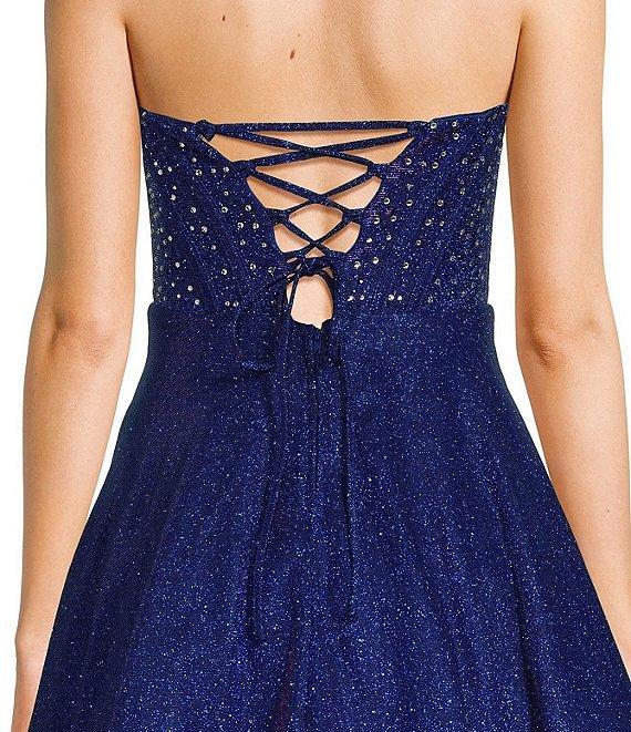 City Vibe Strapless Glitter Point Corset Lace With Rhinestone Skater Party Skirt Dress Product Image