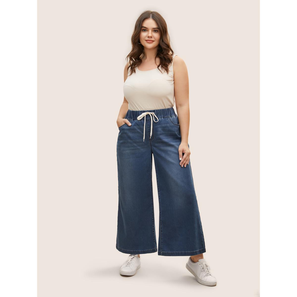 Plus Size Dark Wash Drawstring Wide Leg Jeans Women Denimblue Casual Drawstring High stretch Slanted pocket Jeans BloomChic 10/M Product Image