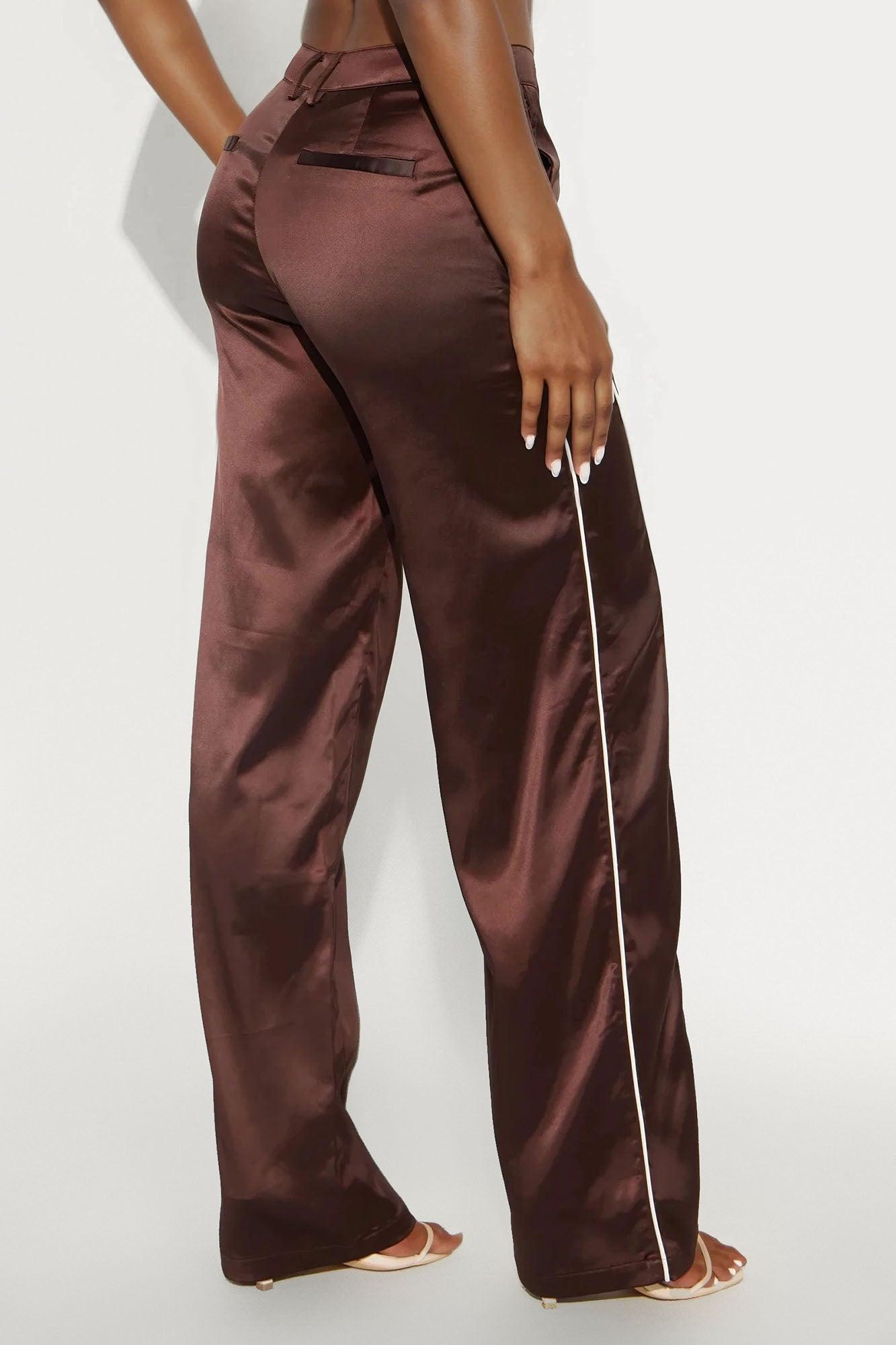 Keep Up With Me Satin Wide Leg Track Pant 33 - Chocolate/Combo Female Product Image