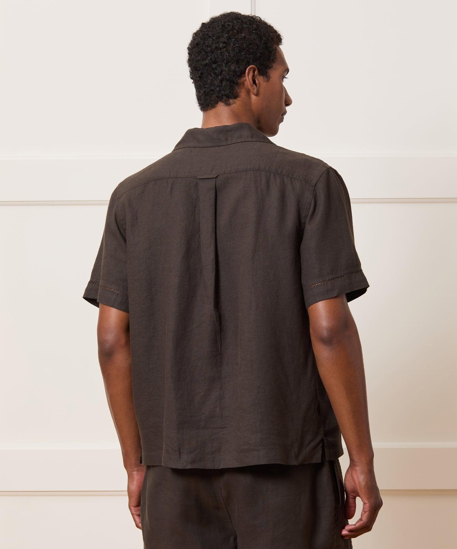 Cropped Embroidered Linen Camp Collar Shirt Product Image