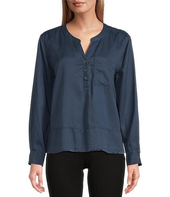 Westbound Petite Size Woven Long Roll-Tab Sleeve Henley Top Product Image