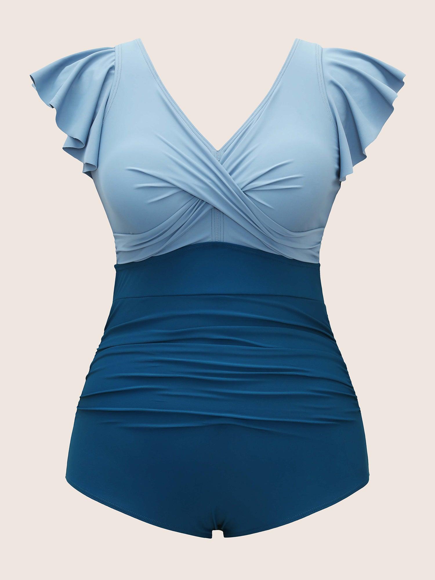 Two Tone Gathered Ruffle Sleeve One Piece Swimsuit Female Product Image