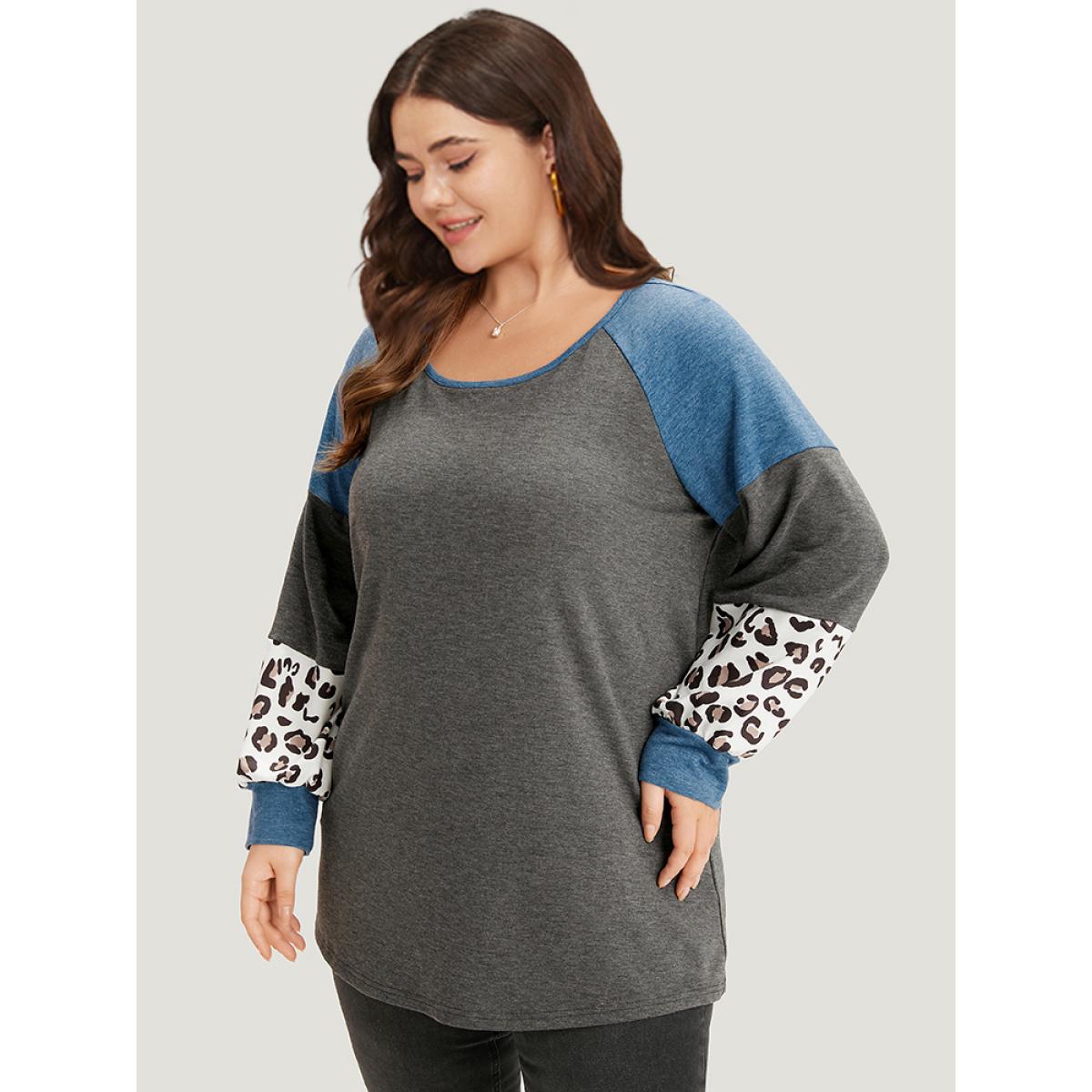 Plus Size Colorblock Contrast Leopard Round Neck Raglan Sleeve Sweatshirt Women Multicolor Elegant Elastic cuffs Round Neck Dailywear Sweatshirts BloomChic 26/4X Product Image