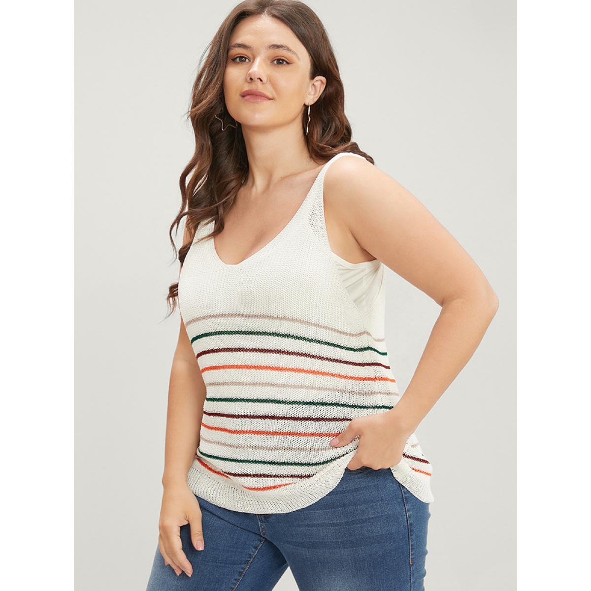 Plus Size Striped Contrast Sleeveless Knit Top Multicolor Women Casual Sleeveless V-neck Dailywear Pullovers BloomChic 28/5X Product Image