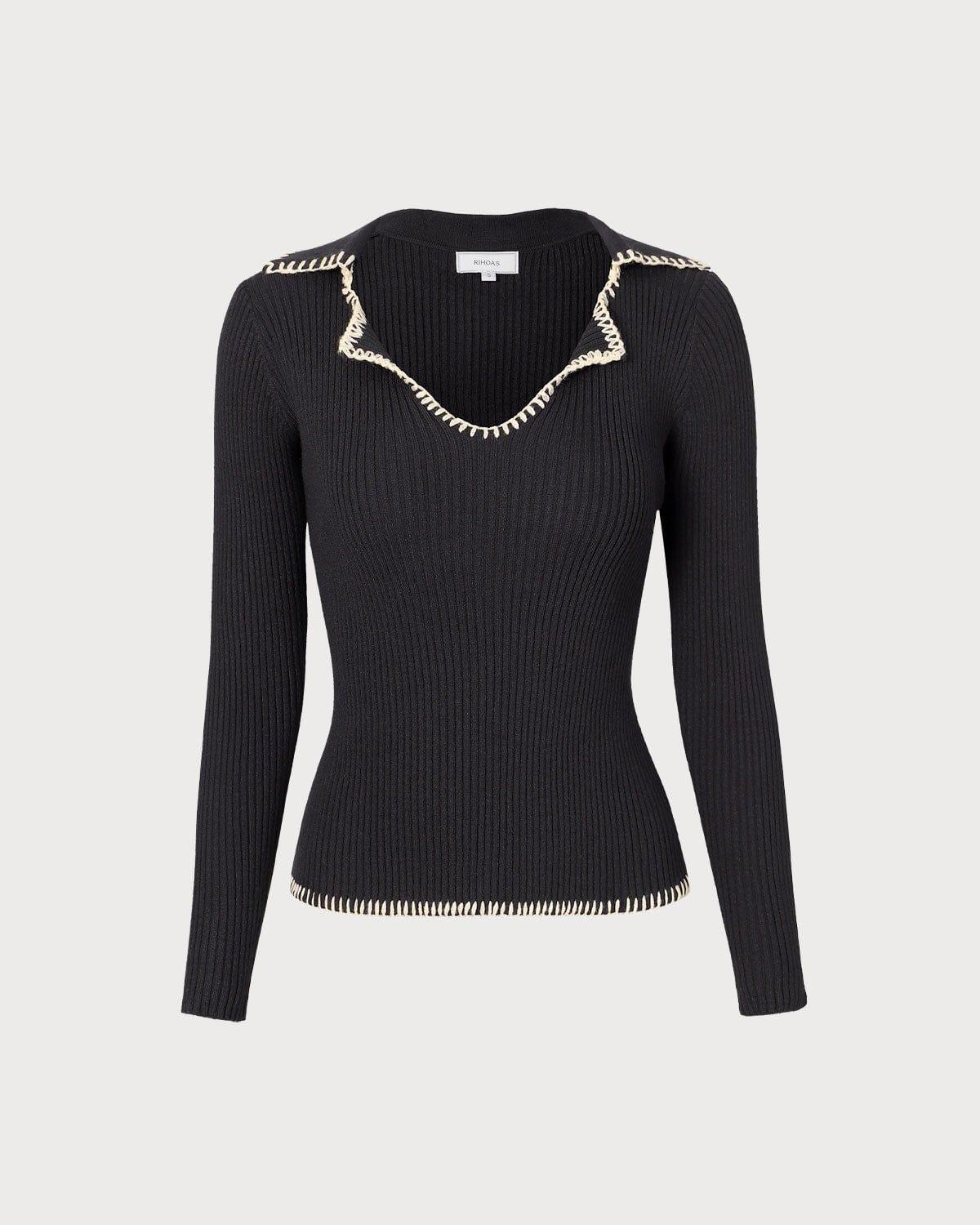 The Black Lapel Seam Colorblock Knit Top Product Image