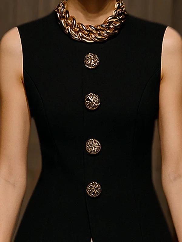 Sleeveless Buttoned Solid Color Round-Neck Vest Top Product Image