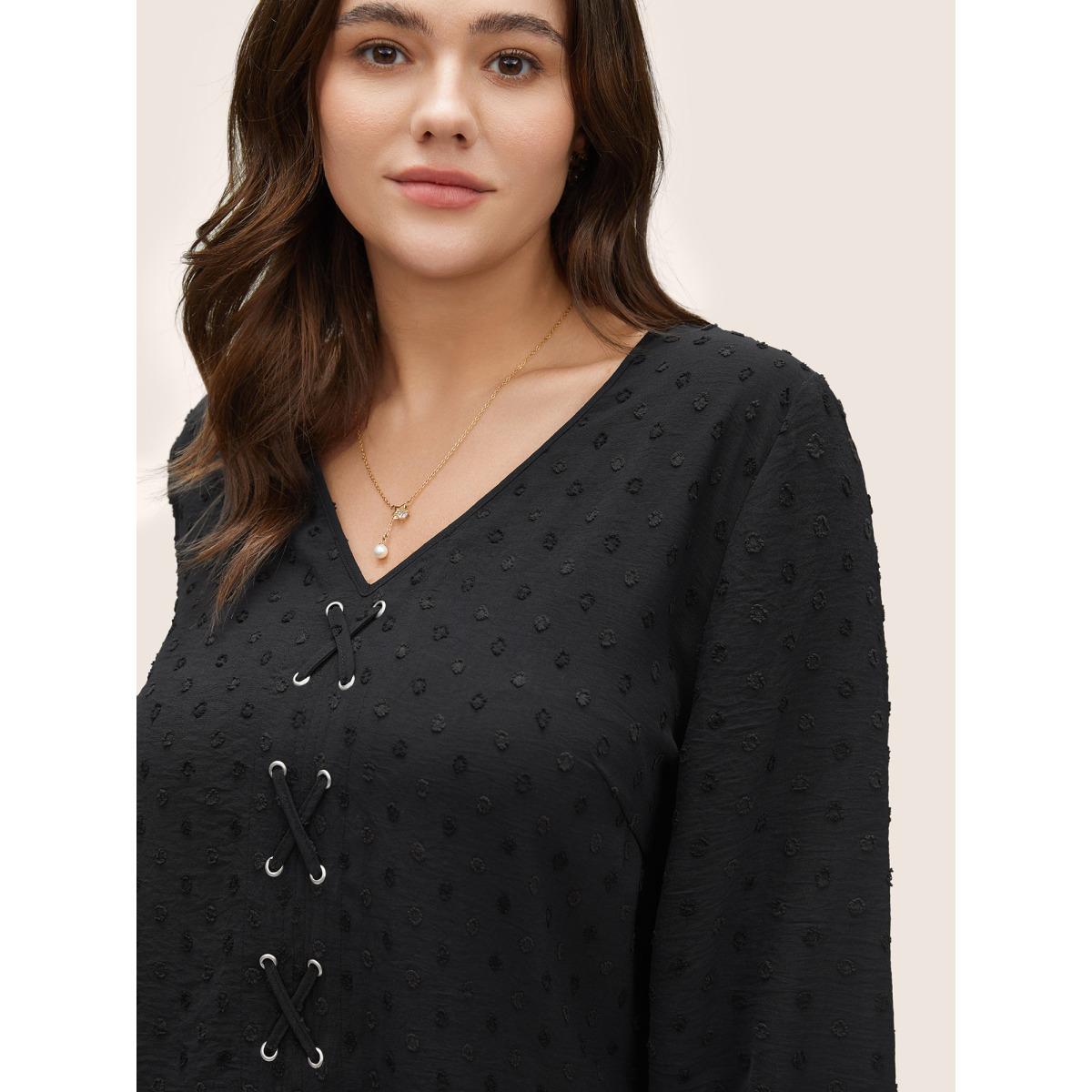 Plus Size Black Texture Drawstring Lantern Sleeve Arc Hem Blouse Women Casual Elbow-length sleeve V-neck Everyday Blouses BloomChic 14-16/1X Product Image