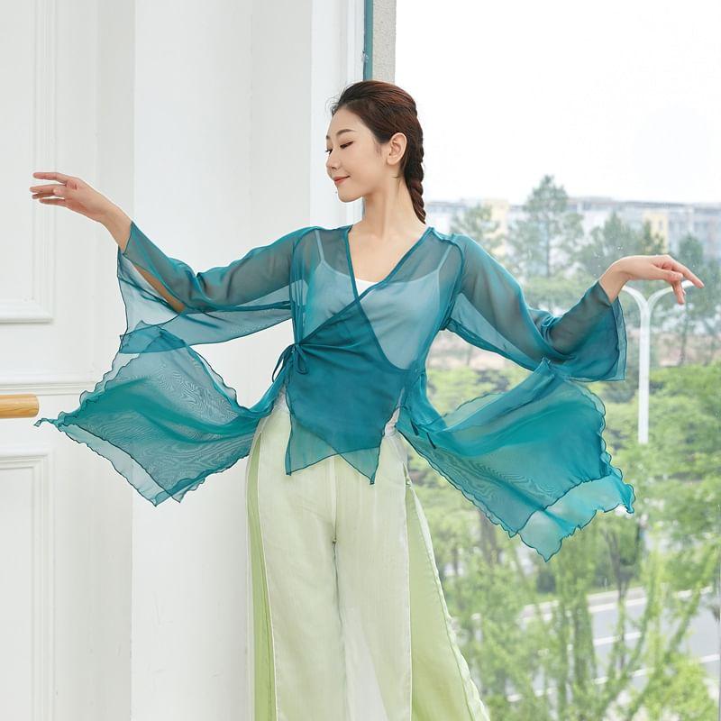 Flared-Sleeve V-Neck Plain Asymmetrical Dance Top Product Image