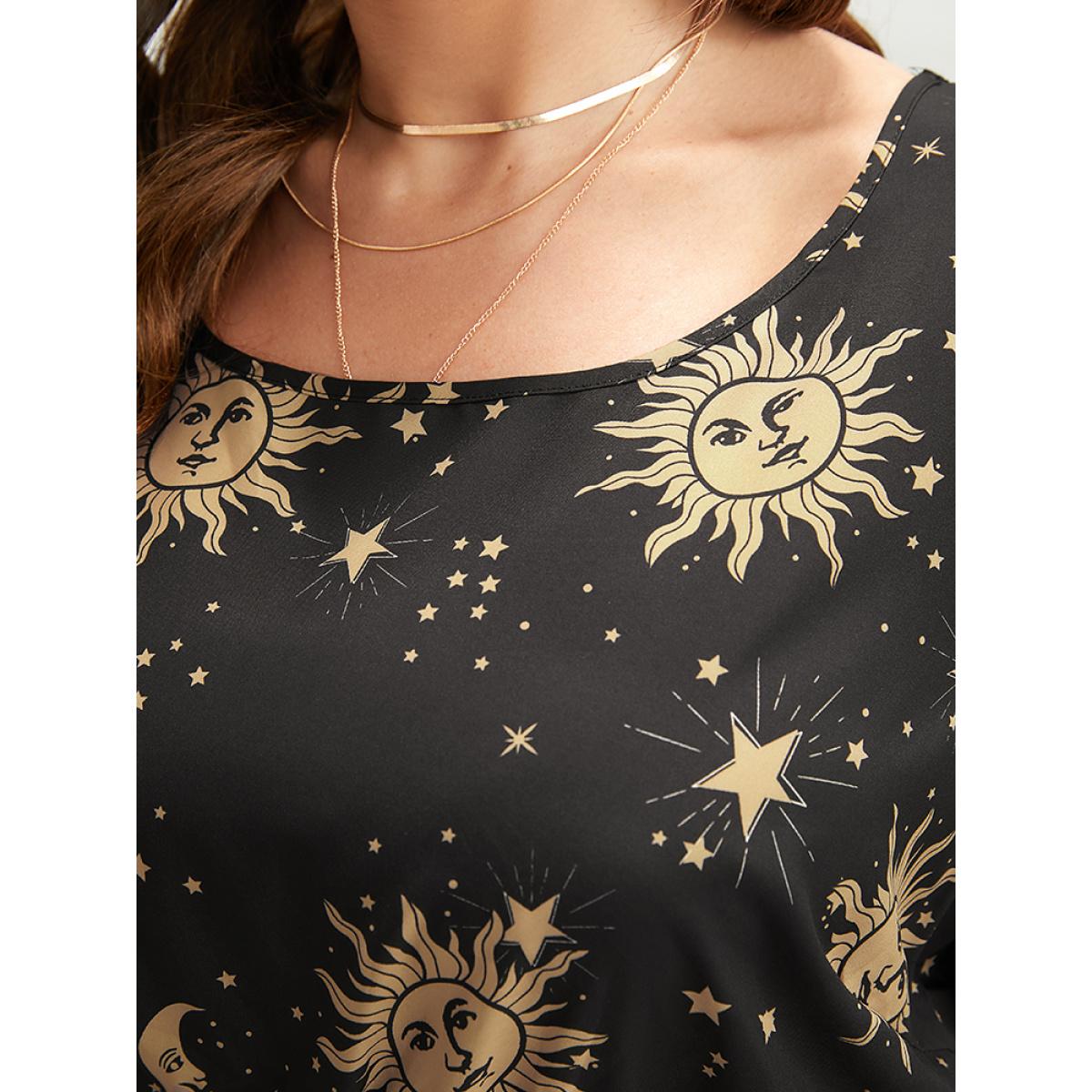 Plus Size Halloween Moon And Star Bell Sleeve Pocket Crew Neck Midi Dress Black Women Elegant Patchwork Round Neck Long Sleeve Curvy Midi Dress BloomChic 26/4X Product Image