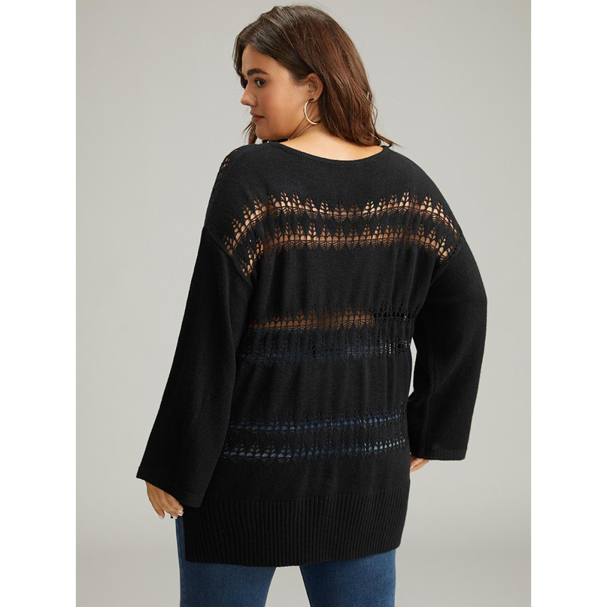 Plus Size Solid Hollow Out Split V Neck Pullover Black Women Casual Loose Long Sleeve V-neck Everyday Pullovers BloomChic 18-20/2X Product Image