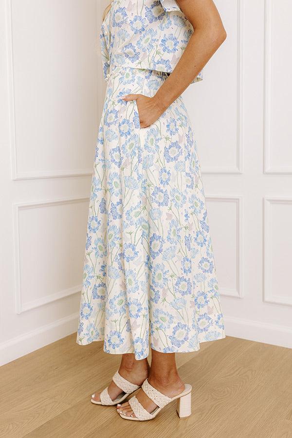 Butterfly Garden High Waist Floral Midi Skirt in Blue Product Image