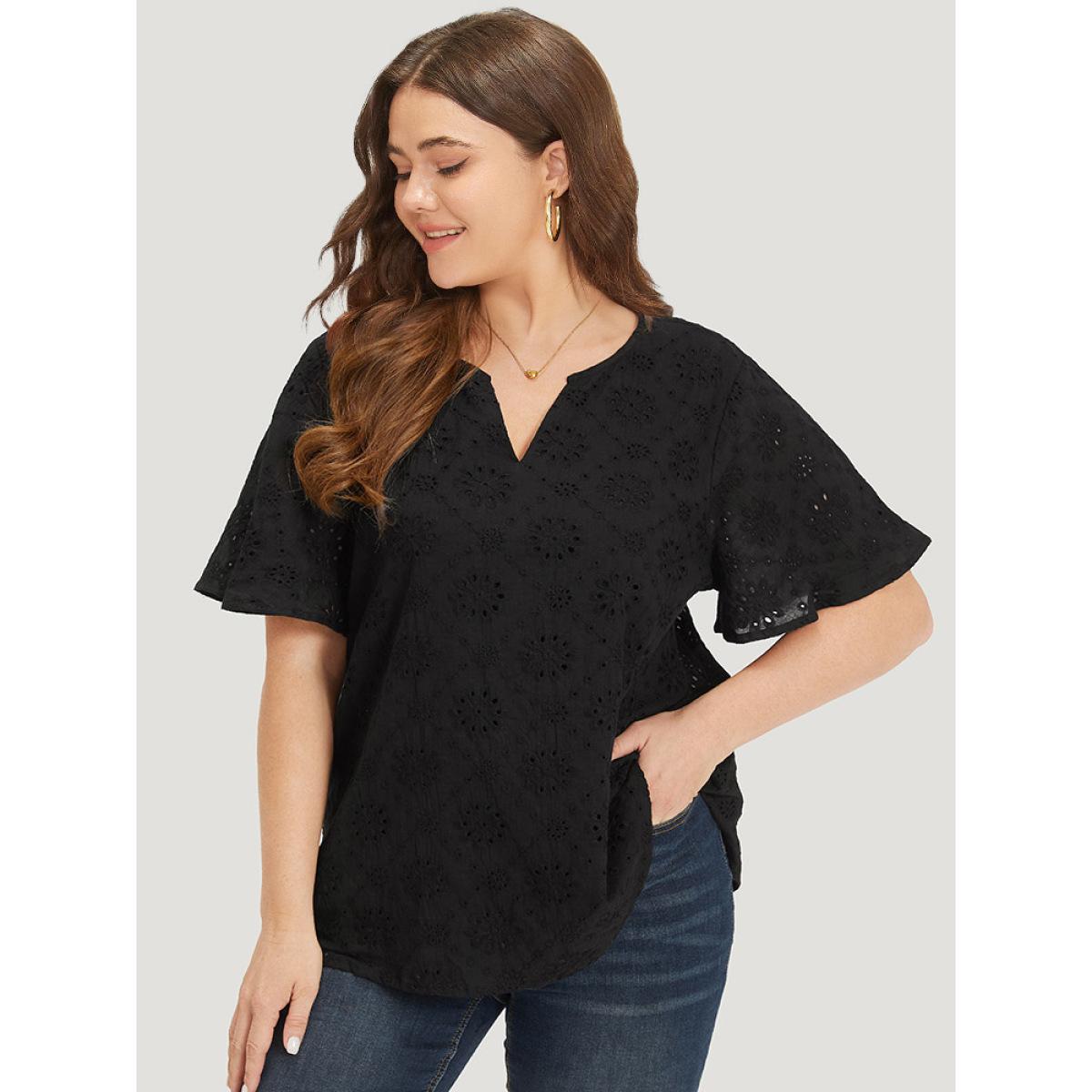 Plus Size Black Solid Broderie Anglaise Notched Ruffle Sleeve Blouse Women Vacation Short sleeve Notched collar Dailywear Blouses BloomChic 14-16/1X Product Image