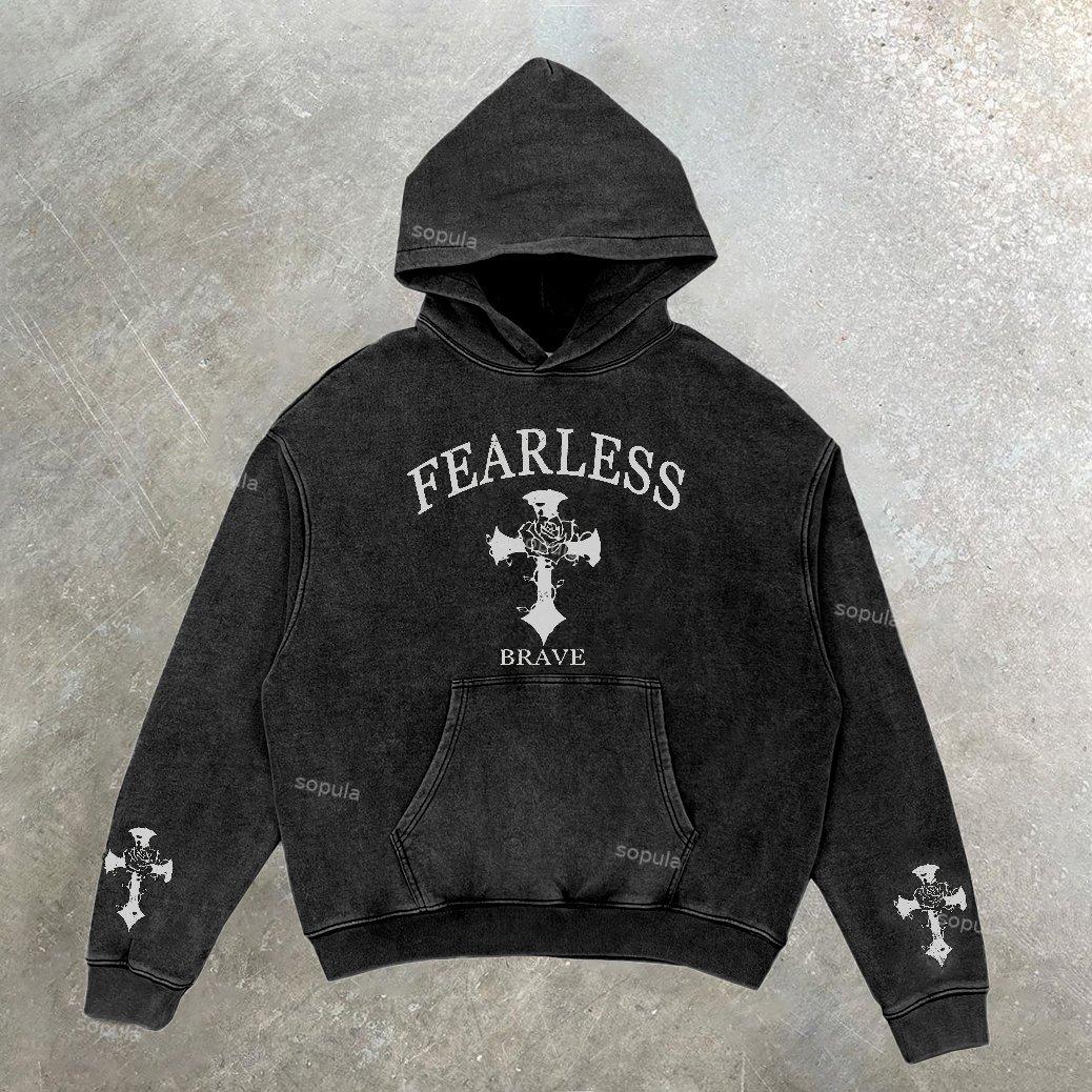Sopula Relaxed Vintage Fearless Graphic Casual Street Washed Hoodie Product Image