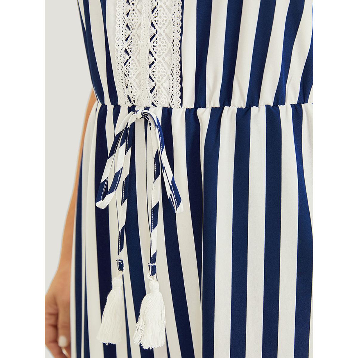 Plus Size DarkBlue Striped Print Contrast Lace Pocket Knot Tassels Tank Jumpsuit Women Office Sleeveless V-neck Office Loose Jumpsuits BloomChic 14-16/1X Product Image
