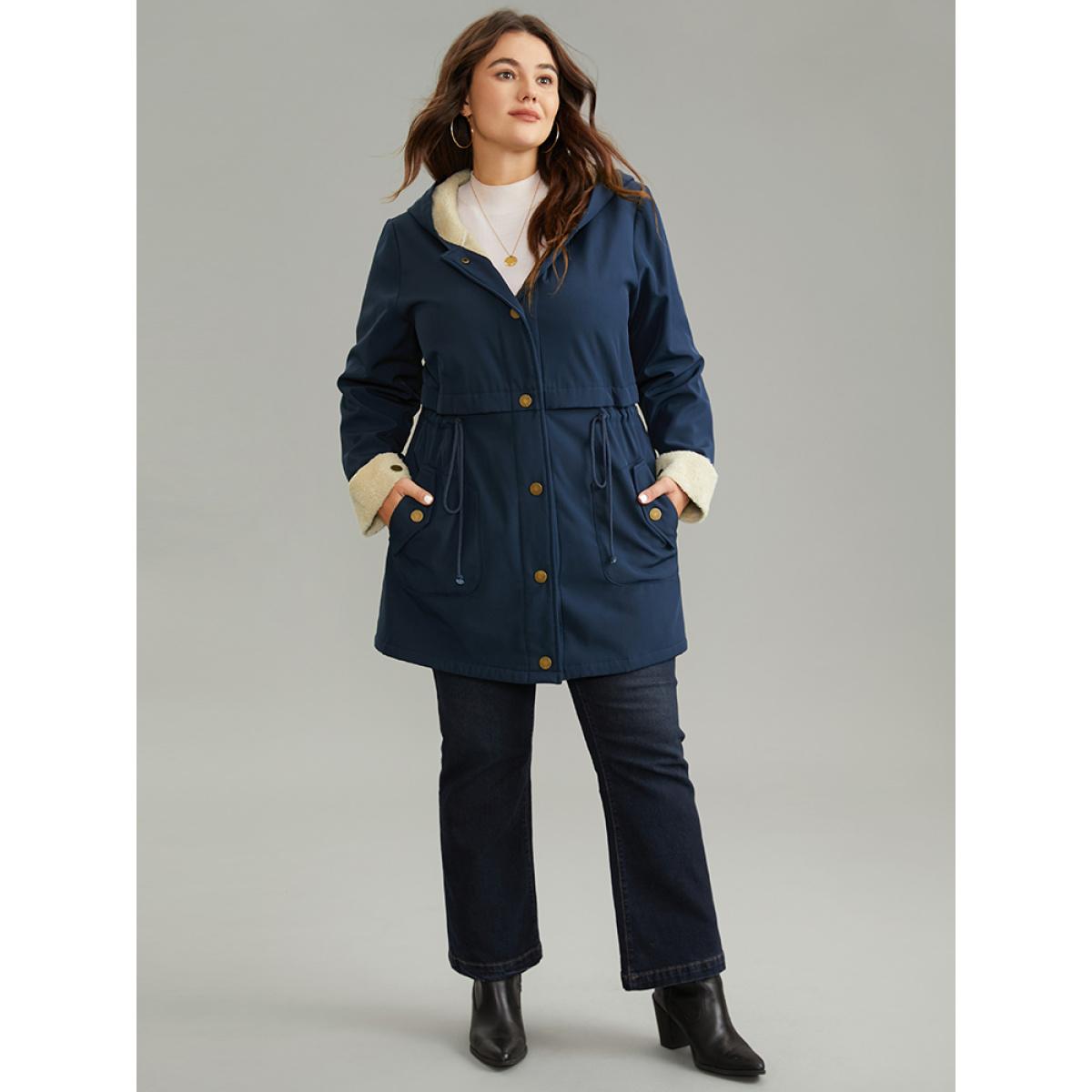 Plus Size Fuzzy Trim Drawstring Button Through Coat Women Indigo Casual Lined Ladies Dailywear Winter Coats BloomChic 10/M Product Image