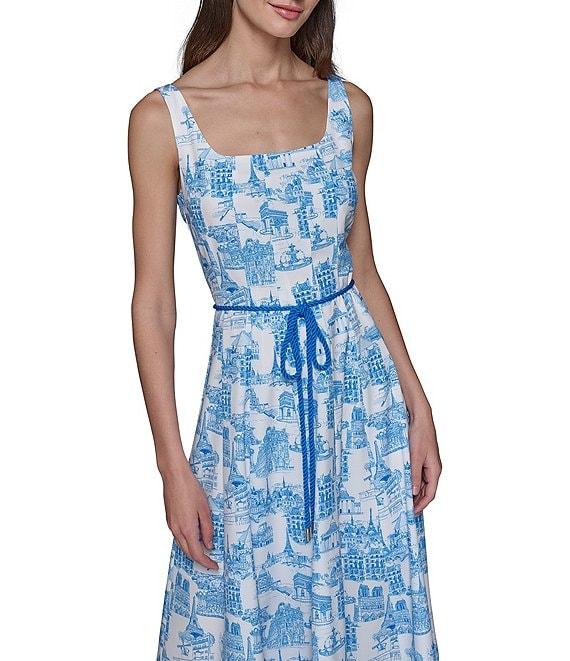 KARL LAGERFELD PARIS Toile Print Square Neck Sleeveless Waist Tie Belt A-Line Midi Dress Product Image