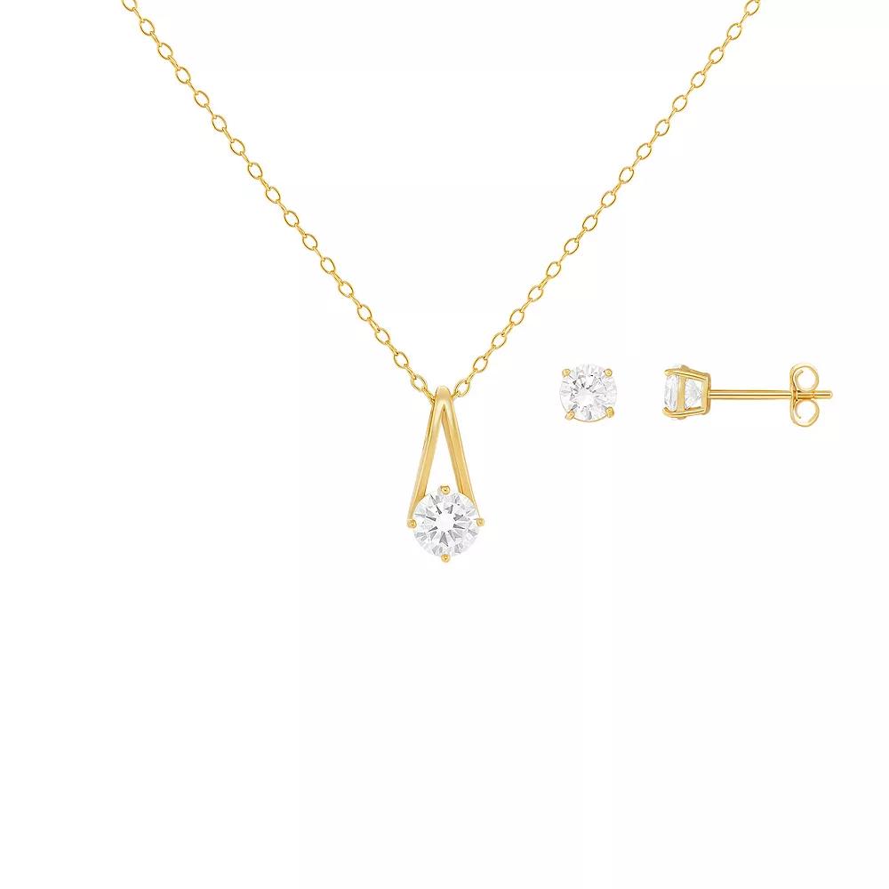 PRIMROSE 18k Gold Over Silver Cubic Zirconia Pendant Necklace & Stud Earring Set, Women's, Size: 18", Yellow Gold Tone Clear Product Image