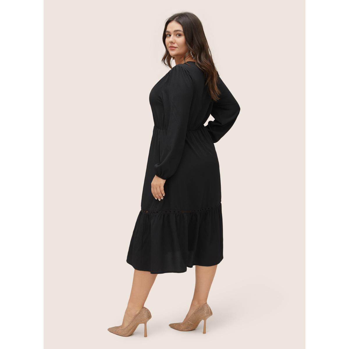 Plus Size Hollow Out Lantern Sleeve Flutter Layered Hem Dress Black Women At the Office Non V-neck Long Sleeve Curvy Midi Dress BloomChic 10/M Product Image