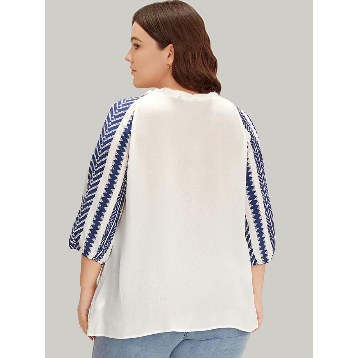 Plus Size DarkBlue Boho Print Tie Neck Patchwork Lantern Sleeve Blouse Women Vacation Elbow-length sleeve Tie Neck Dailywear Blouses BloomChic 10/M Product Image