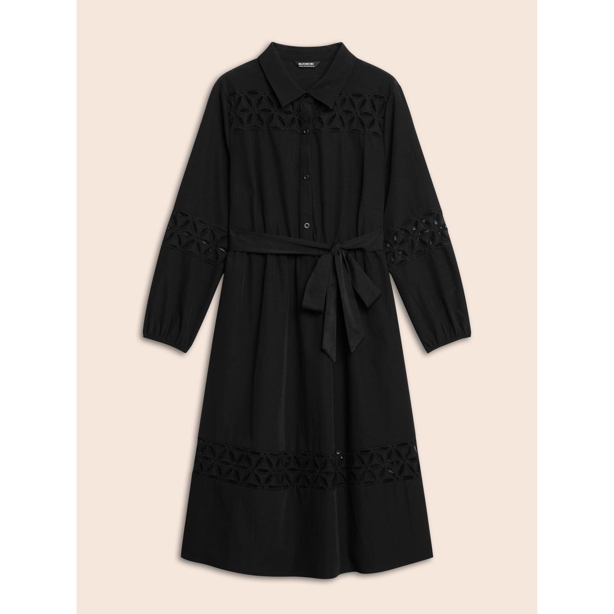 Plus Size Solid Button Up Woven Ribbon Dress Black Women At the Office Woven ribbon&lace trim Shirt collar Long Sleeve Curvy BloomChic 14-16/1X Product Image