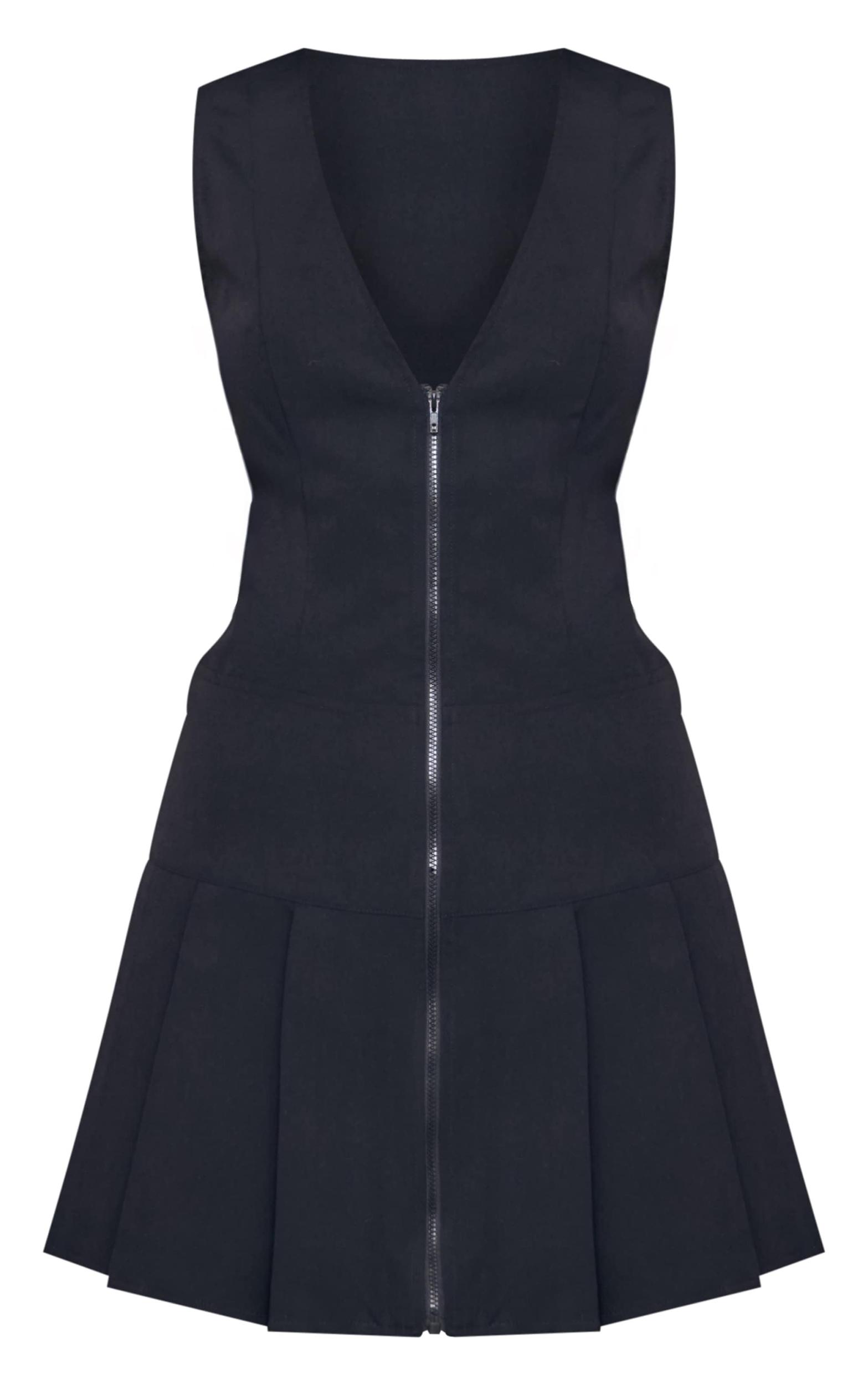 Black Tailored Woven Zip Pleated Shift Dress Product Image