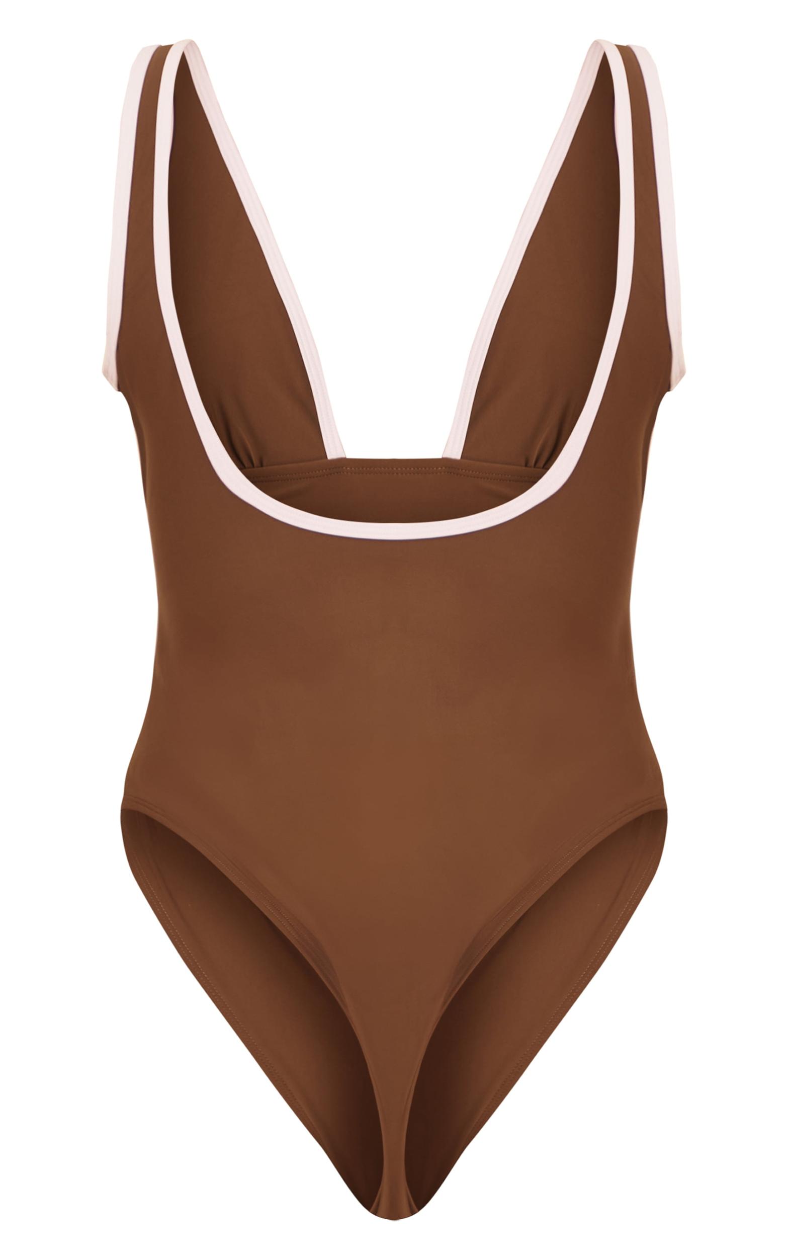 Mocha Contrast Binding Plunge Ruched Swimsuit Product Image