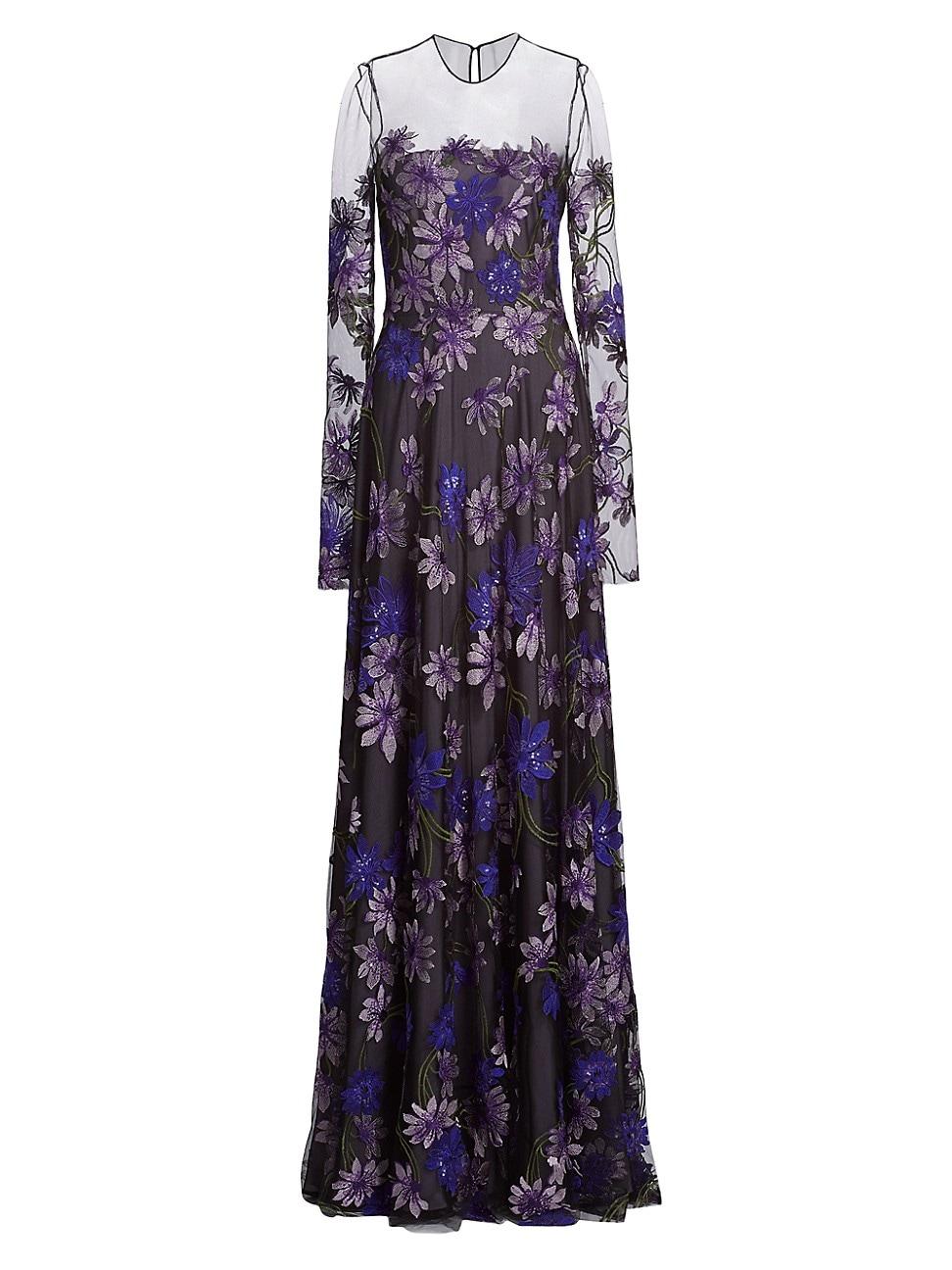 Womens Sequin & Floral-Embroidered Long-Sleeve Illusion Gown Product Image