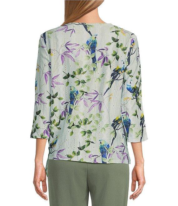 Allison Daley Petite Size Botanical Song Print 3/4 Sleeve Keyhole Neck Tie Hem Eyelet Jacquard Knit Top Product Image