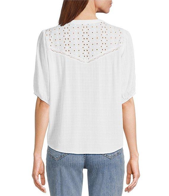 Nurture V-Neck Button Down Mixed Media Blouse Product Image