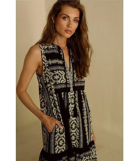 ELAN Geometric Print Tassel Split V-Neck Sleeveless Midi Dress Product Image