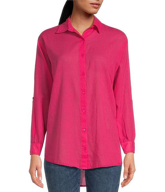 ELAN Placed Graphic Print Point Collar High-Low Hem Long Sleeve Button Front Shirt Product Image