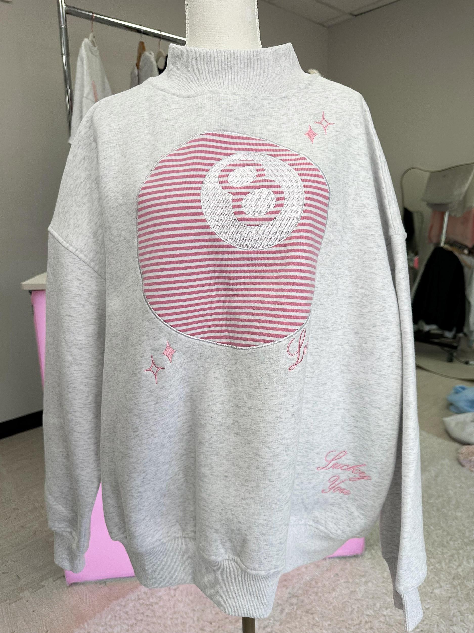 Pearl Grey Lucky You 8 Ball Mockneck Embroider Sweatshirt Product Image