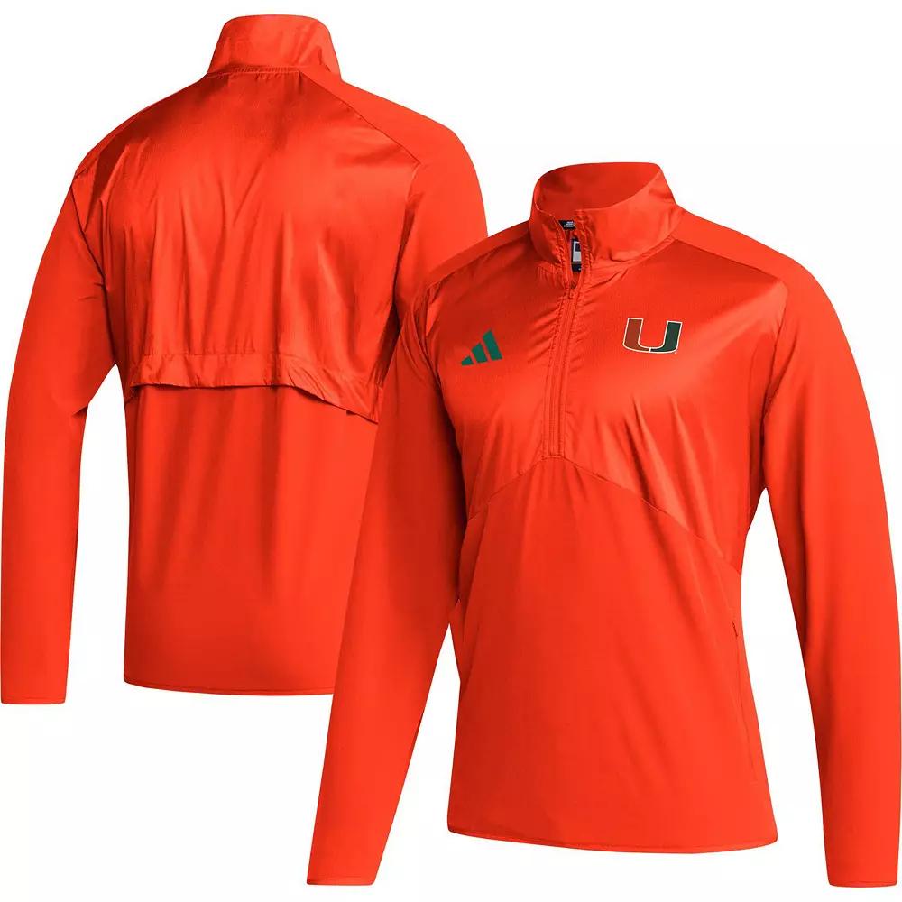 Men's adidas Orange Miami Hurricanes Sideline AEROREADY Raglan Sleeve Quarter-Zip Jacket,  Product Image